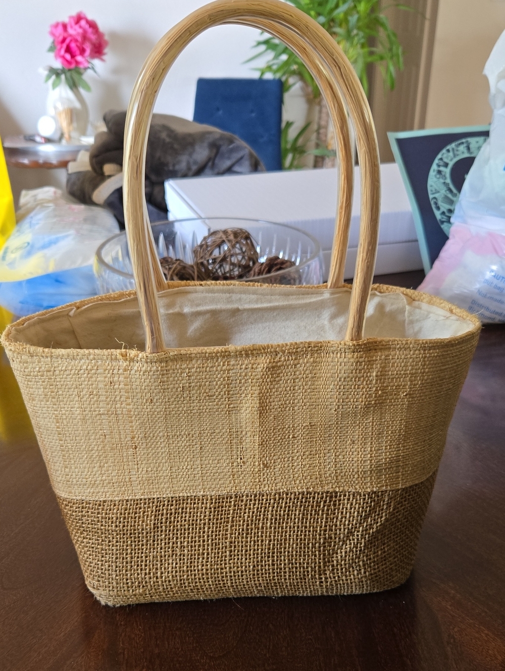 Natural Two-Tone Straw Tote Bag - Beige & Brown